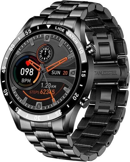 LIGE Smart Watch for Men’s, 1.3" Full Touch Screen IP67 Android iOS, Bluetooth Calls & Voice Chat,Heart Rate monitoring,Sleep Monitor, Fitness Tracker. Waterproof Stainless Steel Full Activity Tracker
