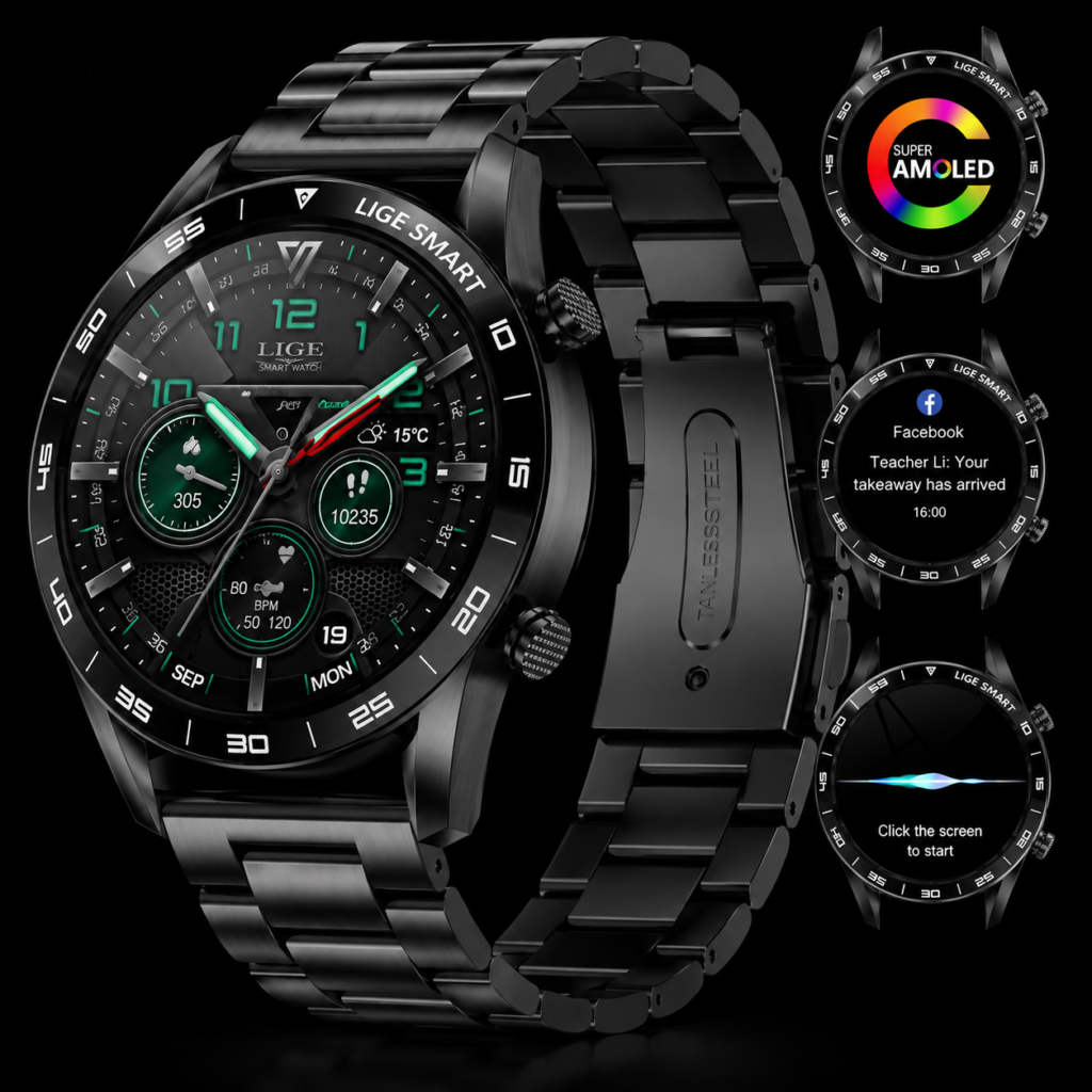 lige smart watch for men amoled display, 2 straps, answer/make call, fitness watch 100+ sports modes, heart rate/spo2/sleep monitor smartwatch for android ios phones, black